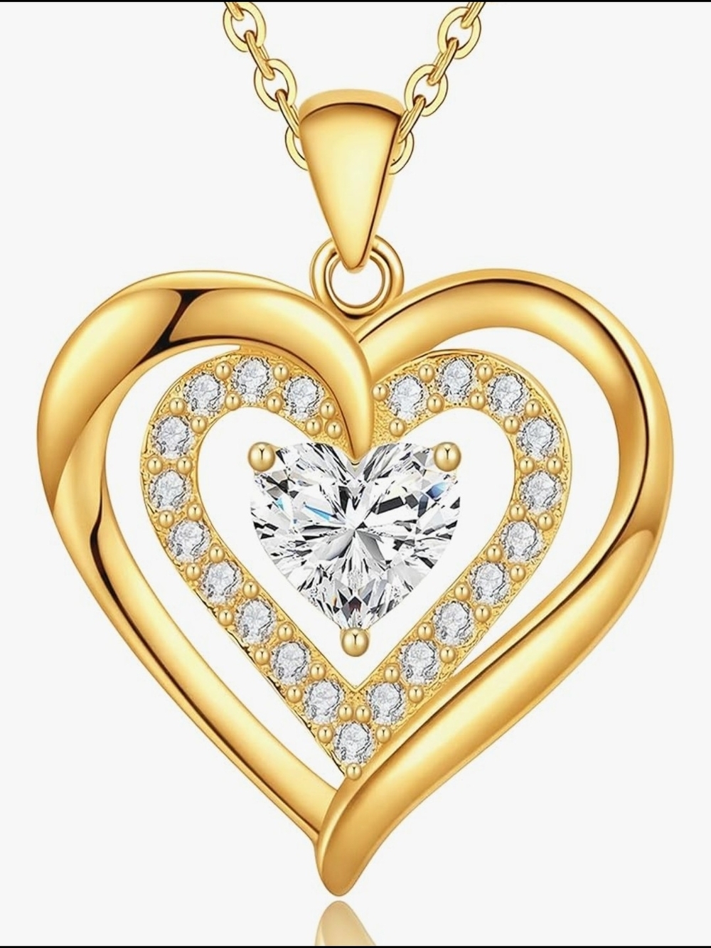 14 K Gold Plated Heart Pendant Necklace with Clear Heart Cubic Zirconia Diamond